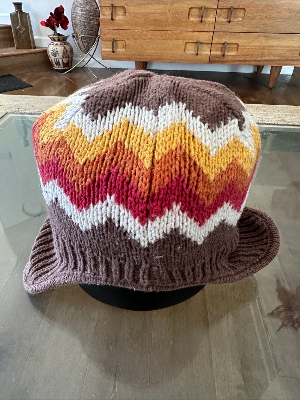 Gymboree Brown Knit Chevron Beanie with Yellow, Red, White Stripes
